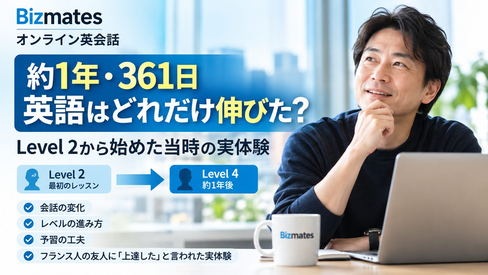 Bizmatesを約1年・361日受講して、英語力がどれだけ伸びたかを振り返る記事のアイキャッチ画像