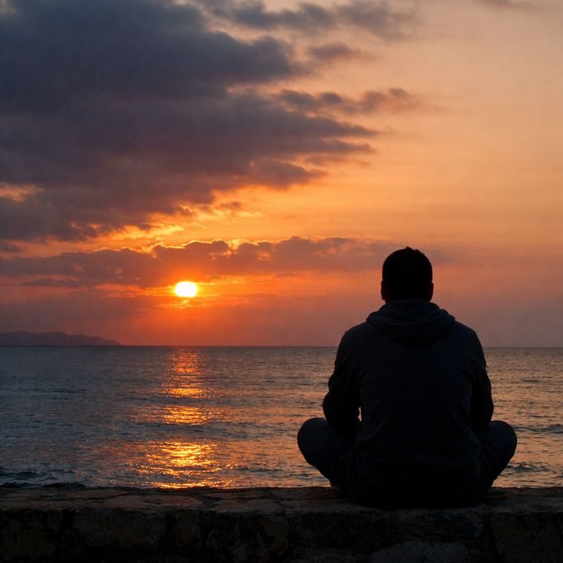 夕暮れの海を前に、一人静かに座って考え込む人物の後ろ姿
