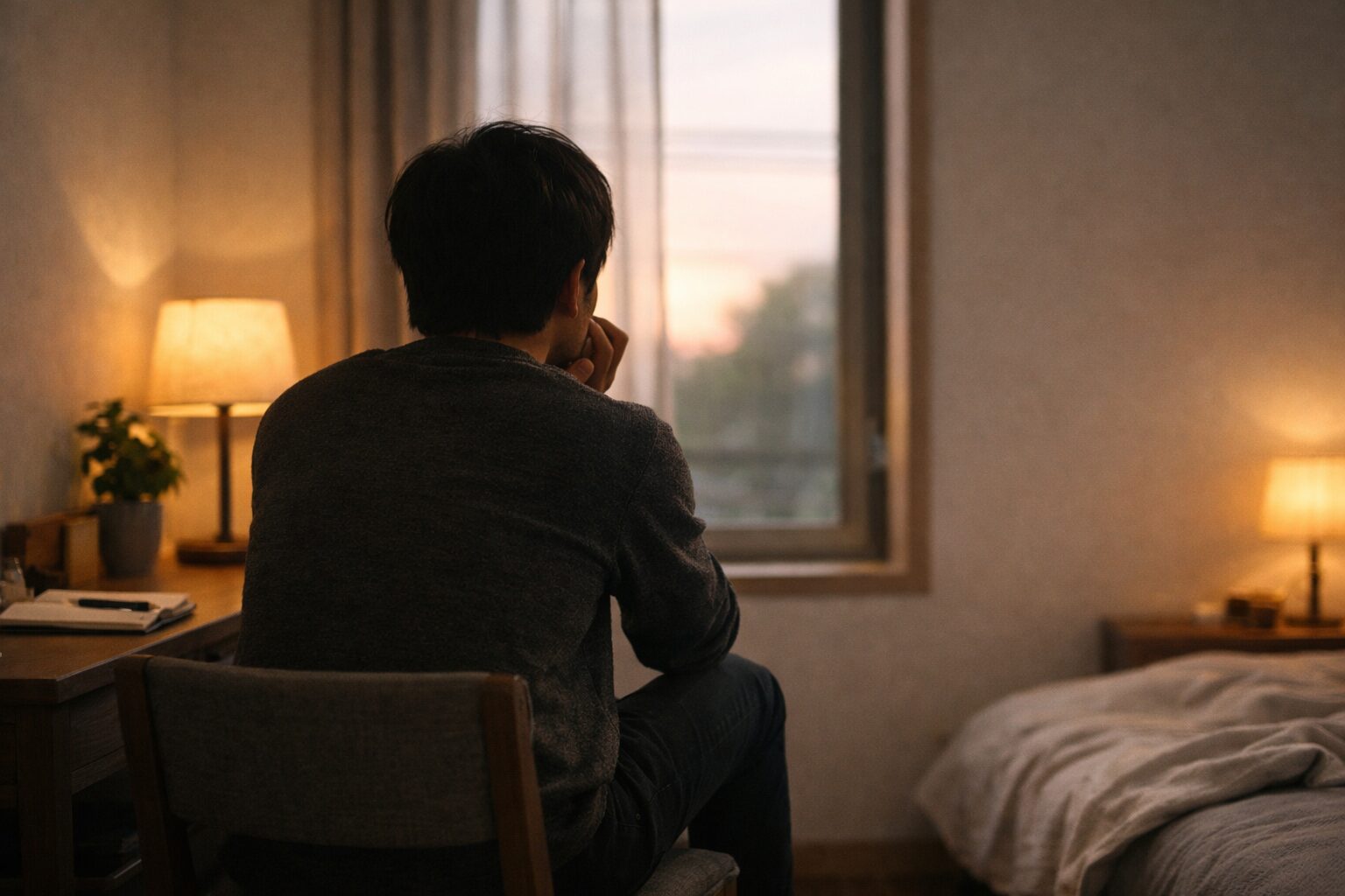 ヴィジュアライゼーションがうまくできないと感じ、静かに考え込む人物の後ろ姿。初期段階の不安や内省を表したイメージ