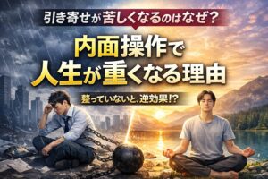 整っていない状態で内面操作をすると人生が重くなることを象徴したアイキャッチ画像。左側は鎖につながれ不安そうに座る男性、右側は自然の中で瞑想し落ち着いた表情の男性が対比されている。