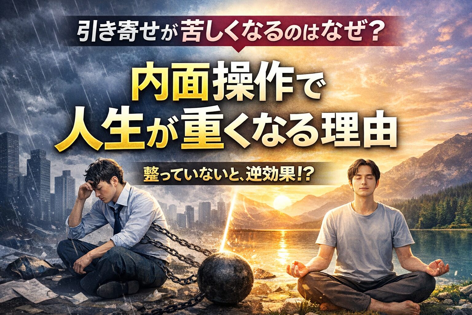 整っていない状態で内面操作をすると人生が重くなることを象徴したアイキャッチ画像。左側は鎖につながれ不安そうに座る男性、右側は自然の中で瞑想し落ち着いた表情の男性が対比されている。