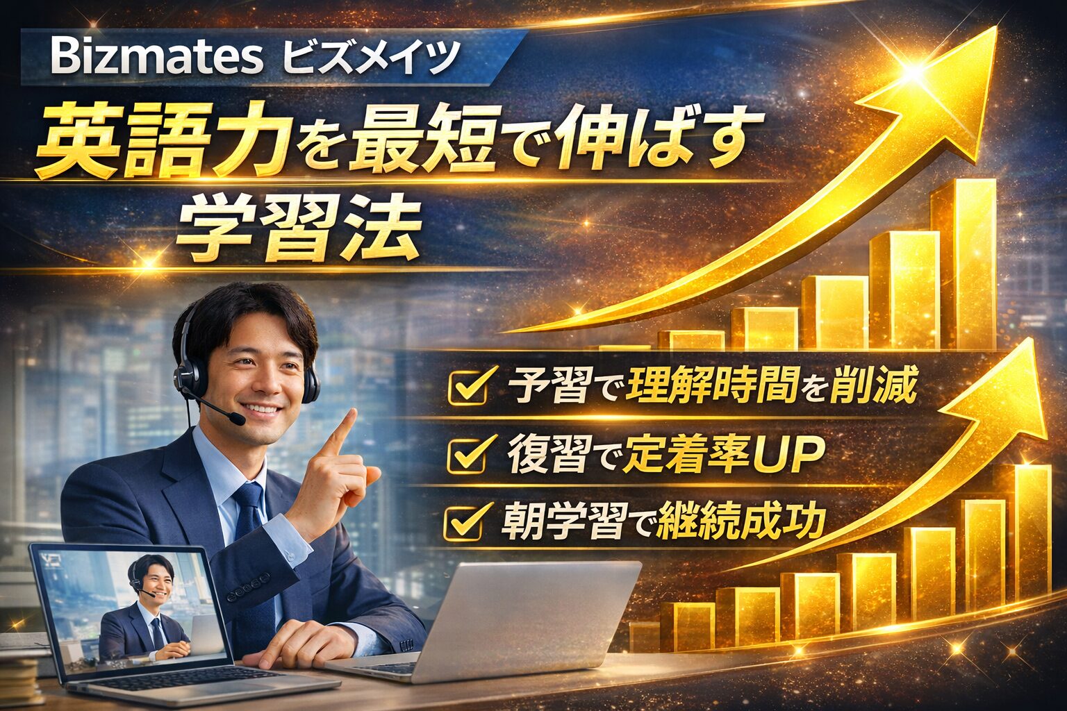 Bizmatesの学習法で英語力を効率的に伸ばすイメージ(予習・復習・朝学習で成長を加速)