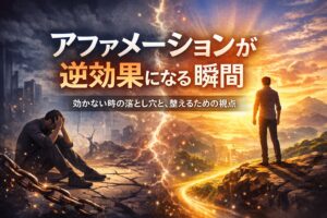 アファメーションが逆効果になる瞬間と、整った状態に戻るための視点を象徴したビジュアル