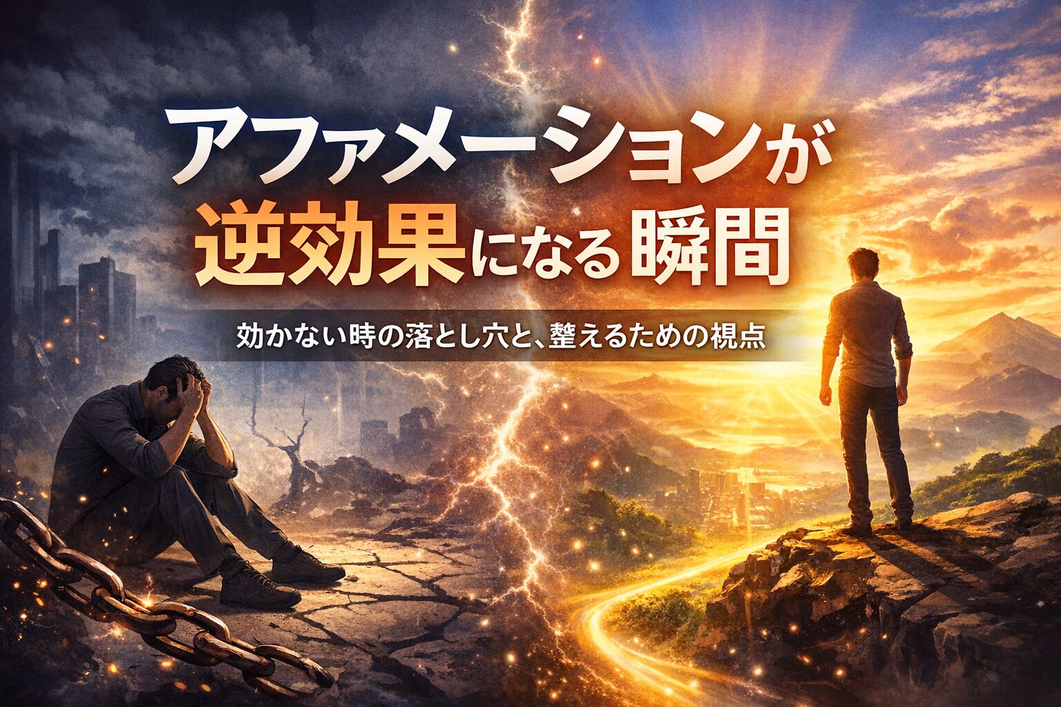 アファメーションが逆効果になる瞬間と、整った状態に戻るための視点を象徴したビジュアル