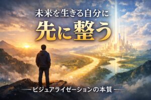 未来へと続く光の道を見つめながら山頂に立つ人物と、静かな自然から輝く都市へとつながる風景を描いたビジュアライゼーションを象徴するイメージ