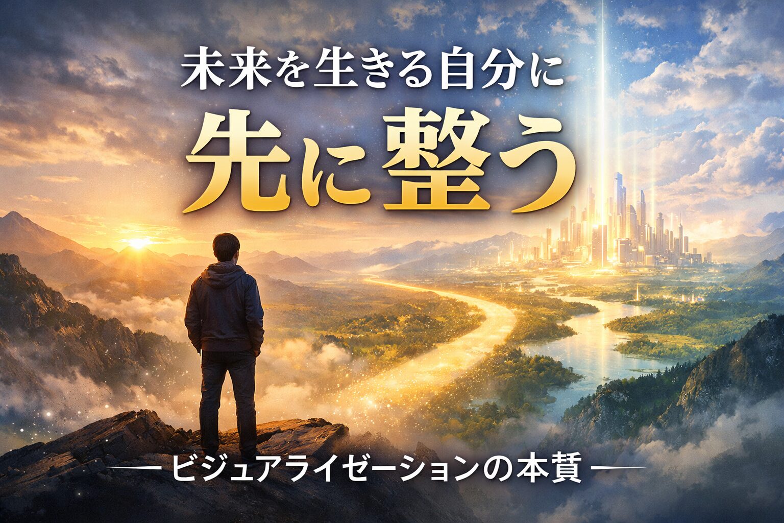 未来へと続く光の道を見つめながら山頂に立つ人物と、静かな自然から輝く都市へとつながる風景を描いたビジュアライゼーションを象徴するイメージ