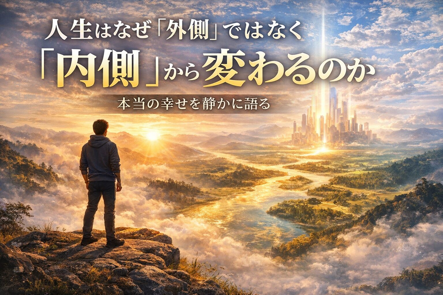 人生はなぜ「外側」ではなく「内側」から変わるのかを象徴する、光に向かって立つ人物と広がる未来の風景