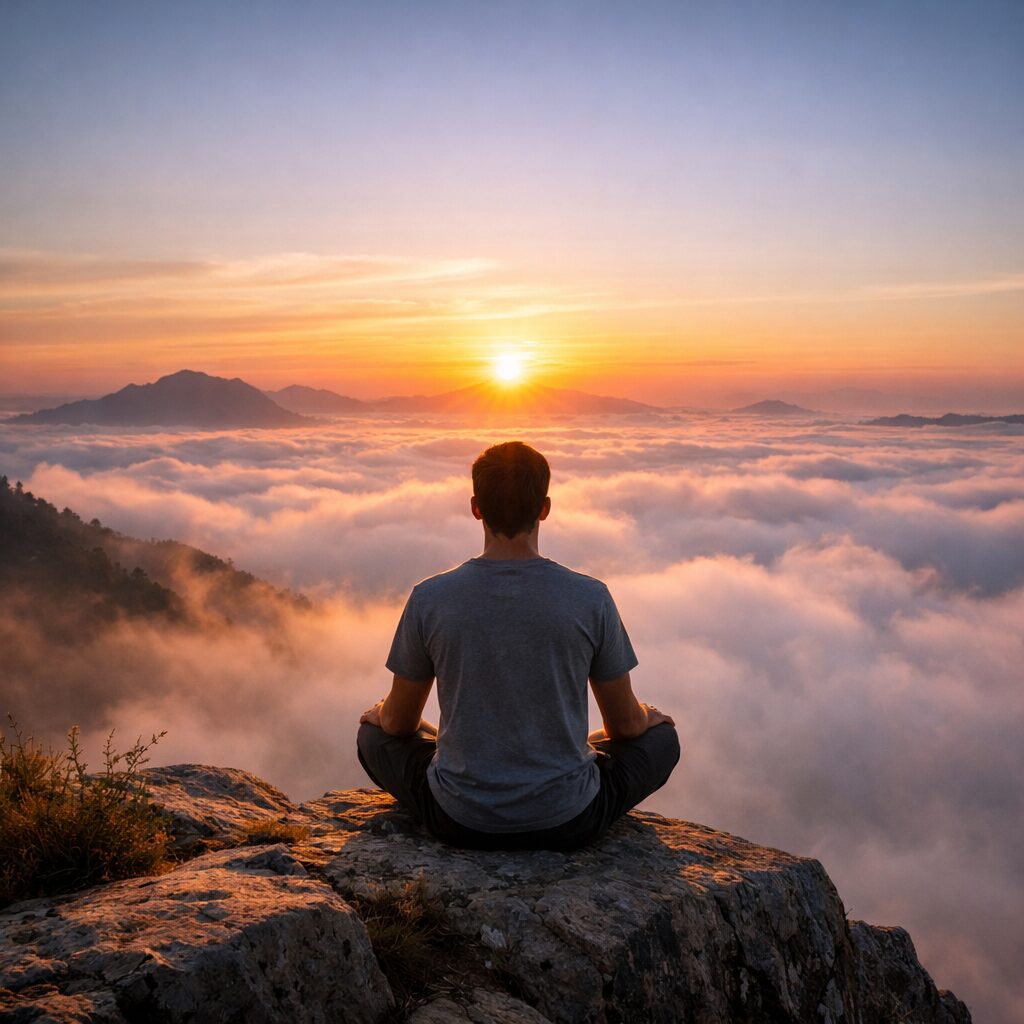 整った状態で朝日を見つめる男性の後ろ姿。雲海と山々を前に静かに座る風景