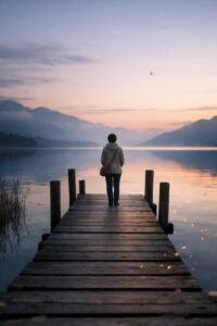 静かな湖を前に桟橋に立ち、遠くを見つめる一人の人物