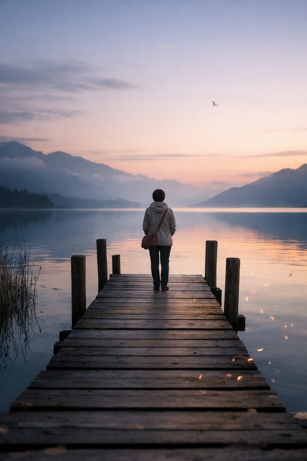 静かな湖を前に桟橋に立ち、遠くを見つめる一人の人物