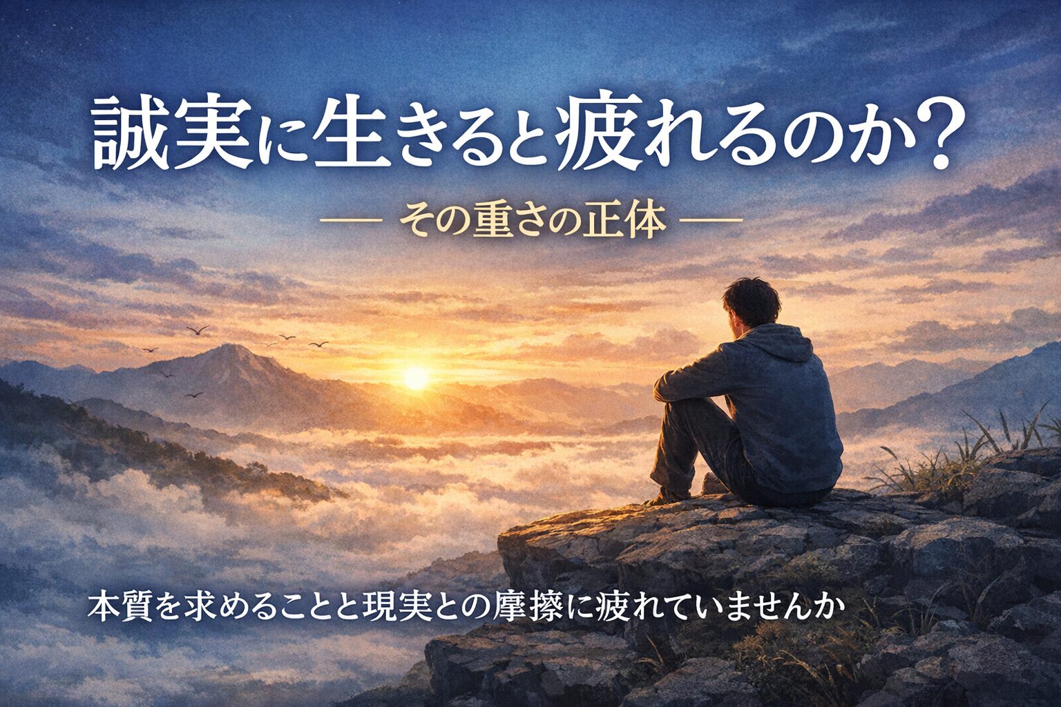 夕焼けの山頂で谷を見渡す男性の後ろ姿と、「誠実に生きると疲れるのか?—その重さの正体—」という日本語タイトルが重ねられた静かな雰囲気のアイキャッチ画像。