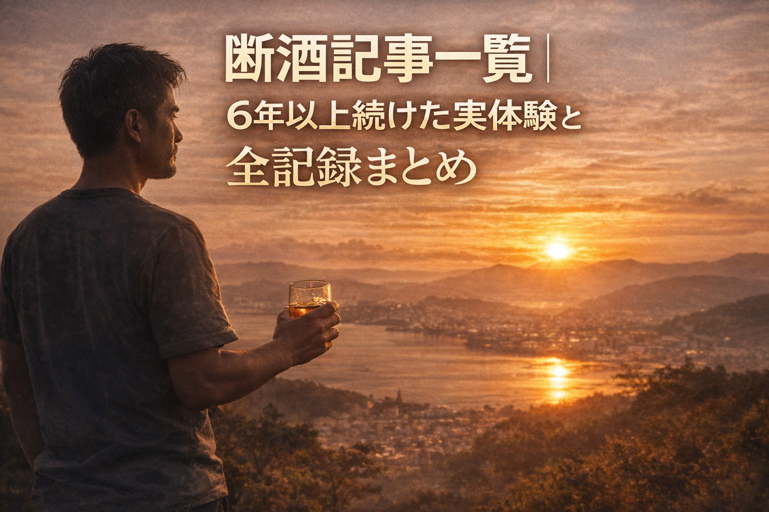 断酒記事一覧｜6年以上続けた実体験と全記録まとめを表現した夕焼けの人物イメージ