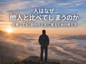 山頂から雲海を見つめる人物と朝焼けの風景。「人はなぜ他人と比べてしまうのか」という記事のアイキャッチ画像
