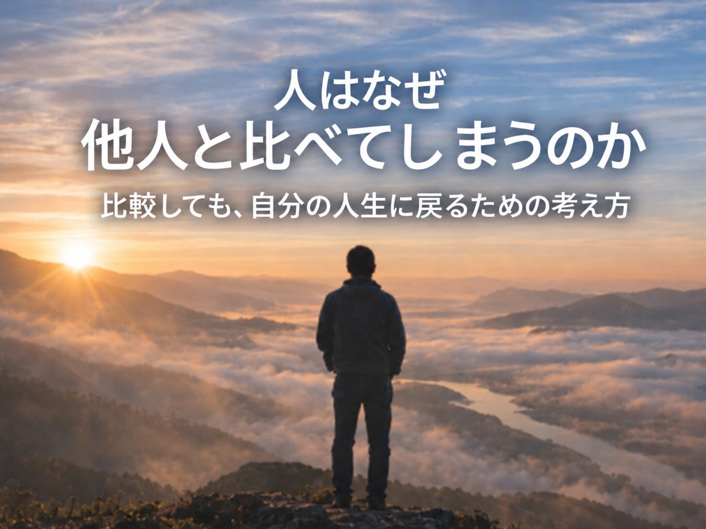 山頂から雲海を見つめる人物と朝焼けの風景。「人はなぜ他人と比べてしまうのか」という記事のアイキャッチ画像