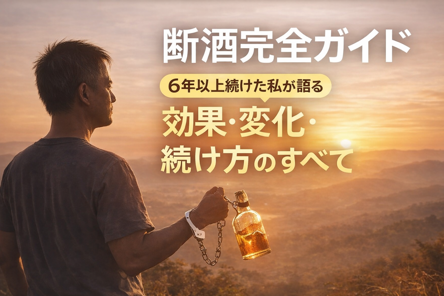 断酒完全ガイドのイメージ｜夕焼けの中で酒を手放す男性と6年以上の断酒経験による効果・変化・続け方を示すビジュアル