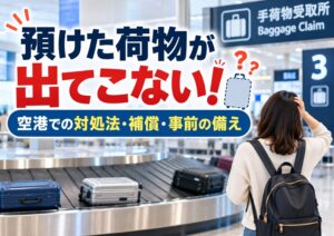 空港の手荷物受取所で、預けたスーツケースが出てこず困っている旅行者。ロストバゲージの対処法と補償を解説する記事のアイキャッチ画像。