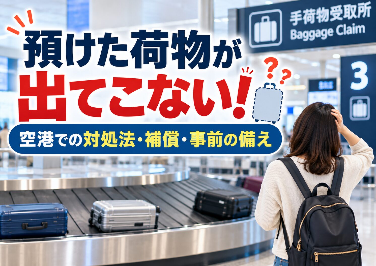 空港の手荷物受取所で、預けたスーツケースが出てこず困っている旅行者。ロストバゲージの対処法と補償を解説する記事のアイキャッチ画像。