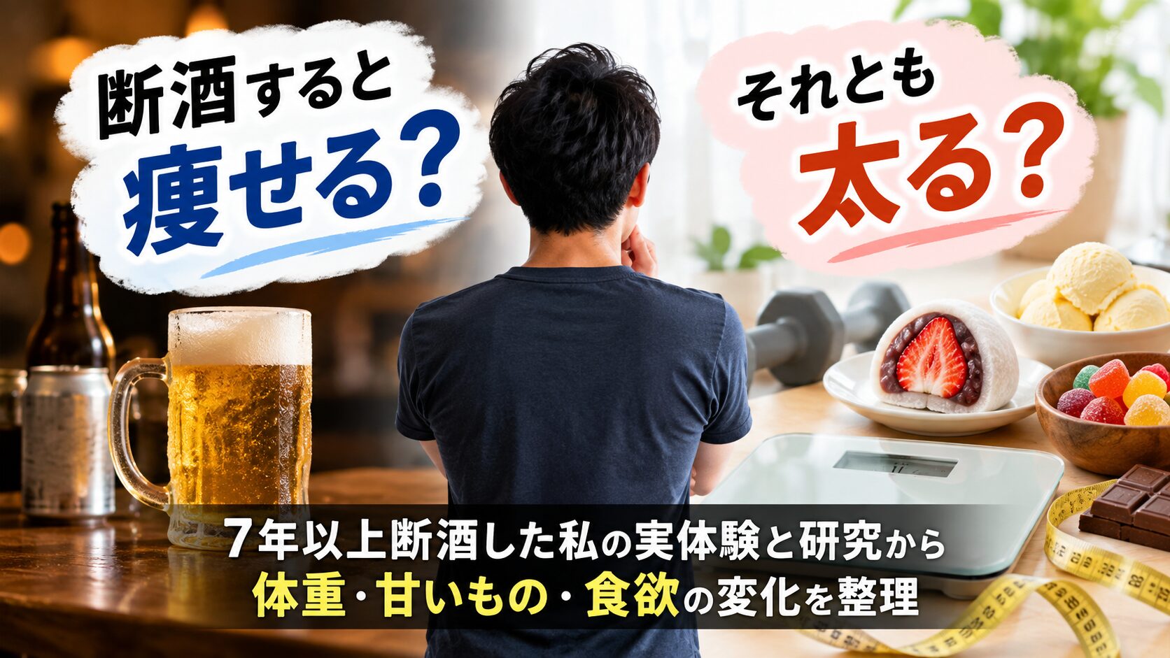 断酒すると痩せるのか太るのかをテーマに、ビール、体重計、甘いもの、人物の後ろ姿を配置した記事のアイキャッチ画像